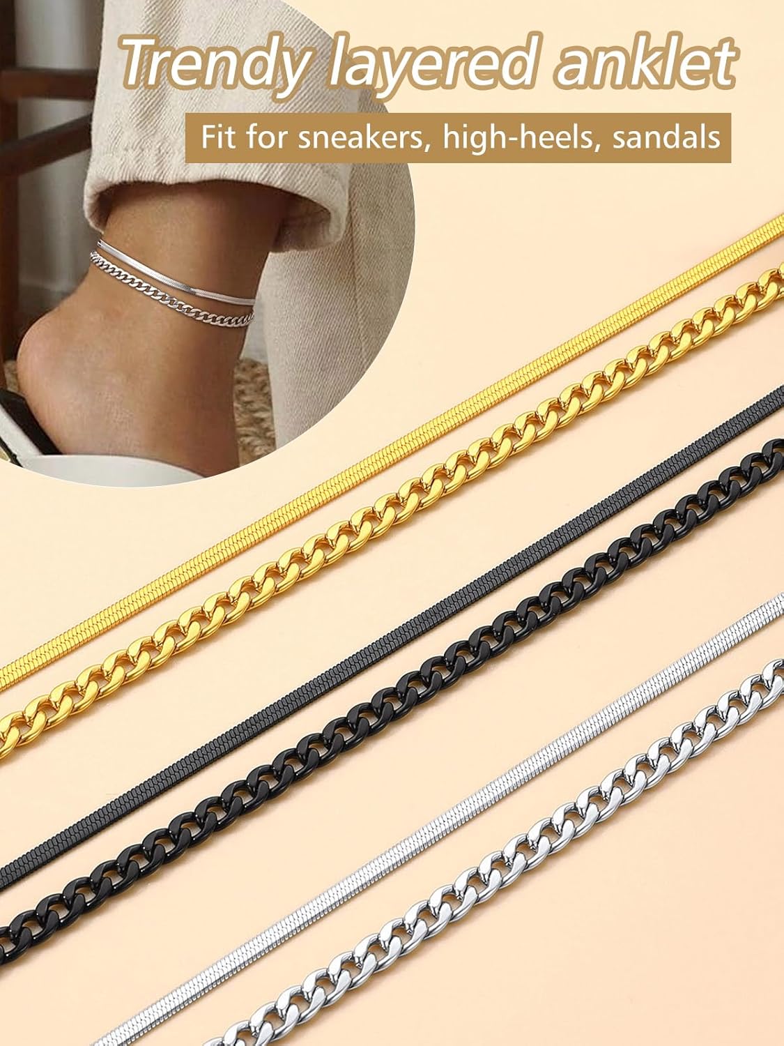 2PCS Cuban & Herringbone Ankle Set  in Different Colors