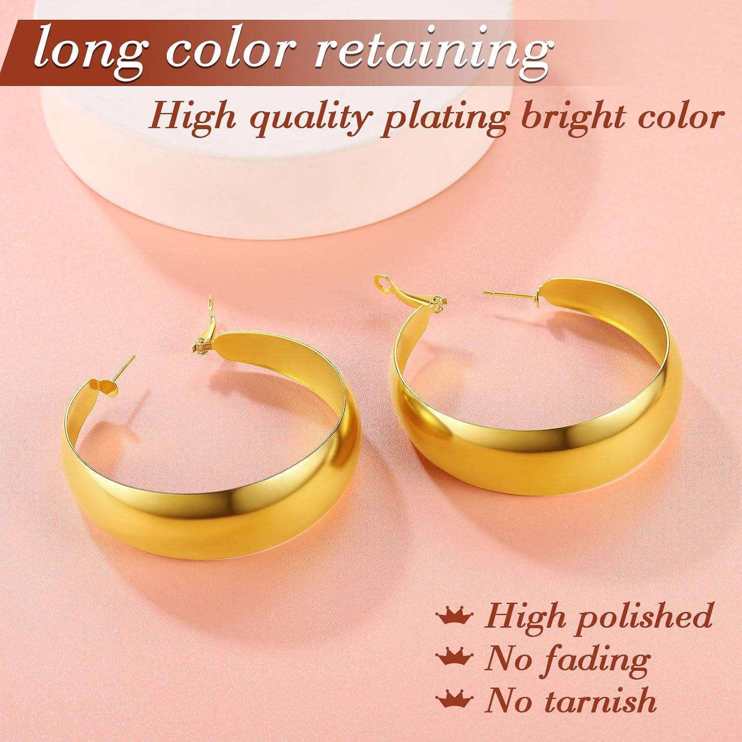18K Real Gold Plated Stainless Steel Wide Hoop Earrings 