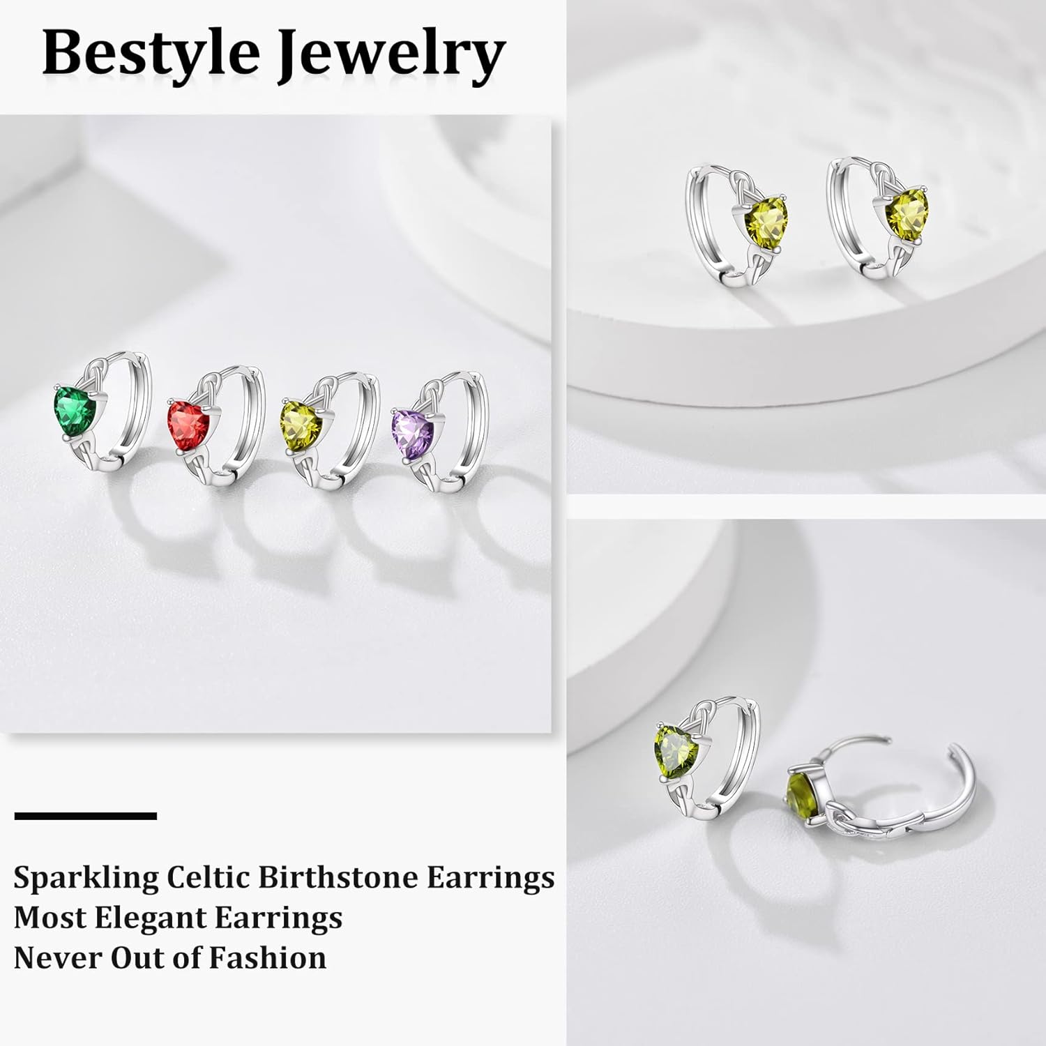 August Peridot Heart Celtic Knot Birthstone Hoop Earrings