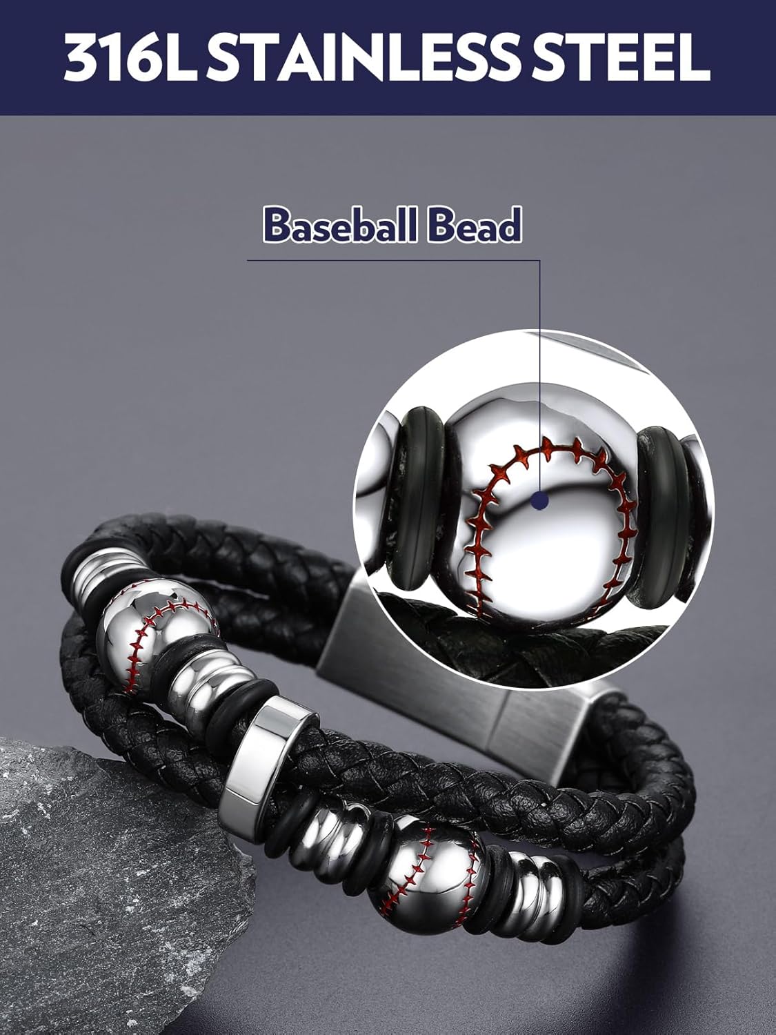 Double Row Black Braided Leather Wristband Baseball Beaded Bangle