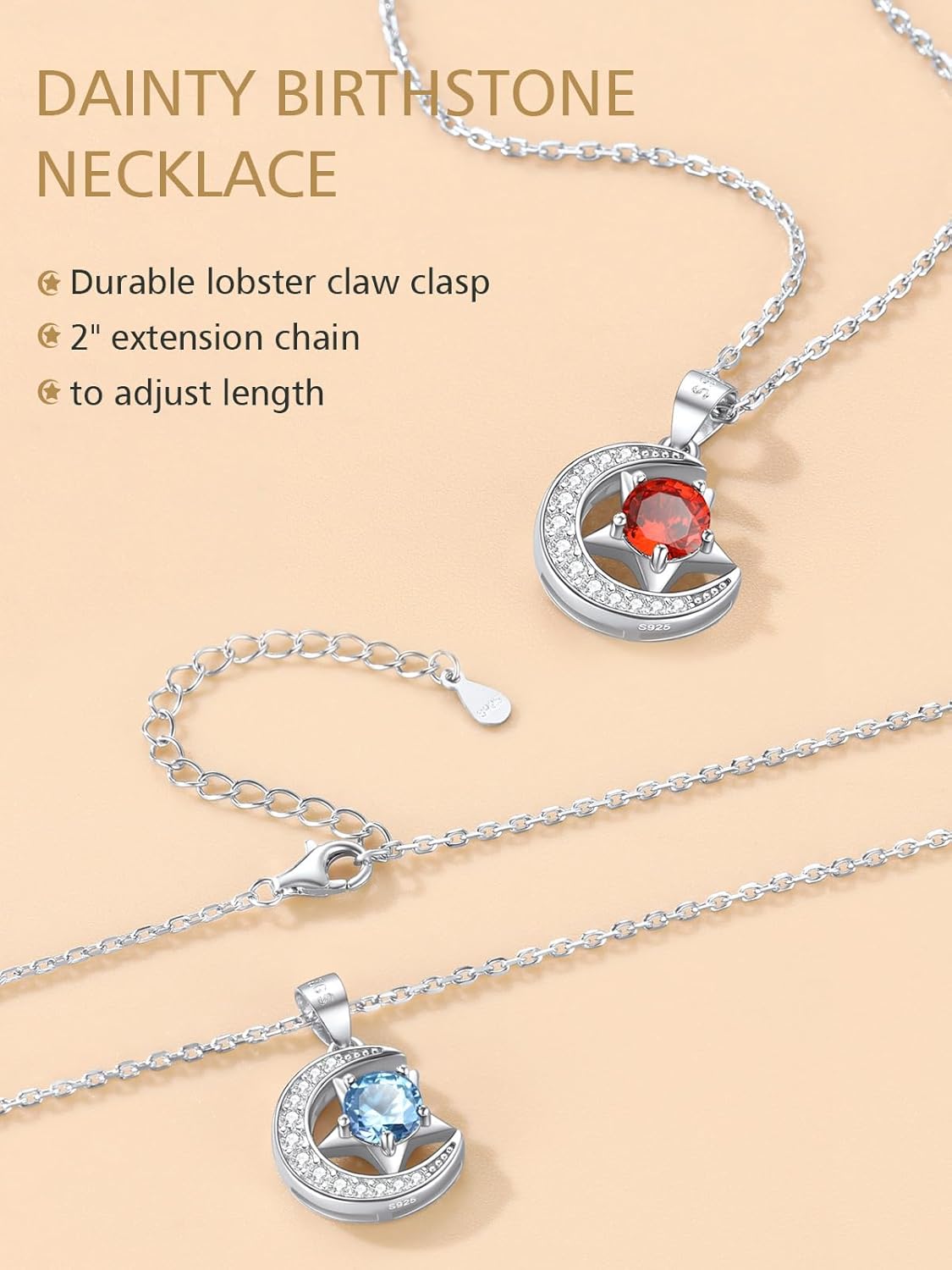 Sparkly Sterling Silver Cute Moon Star Birthstone Necklace