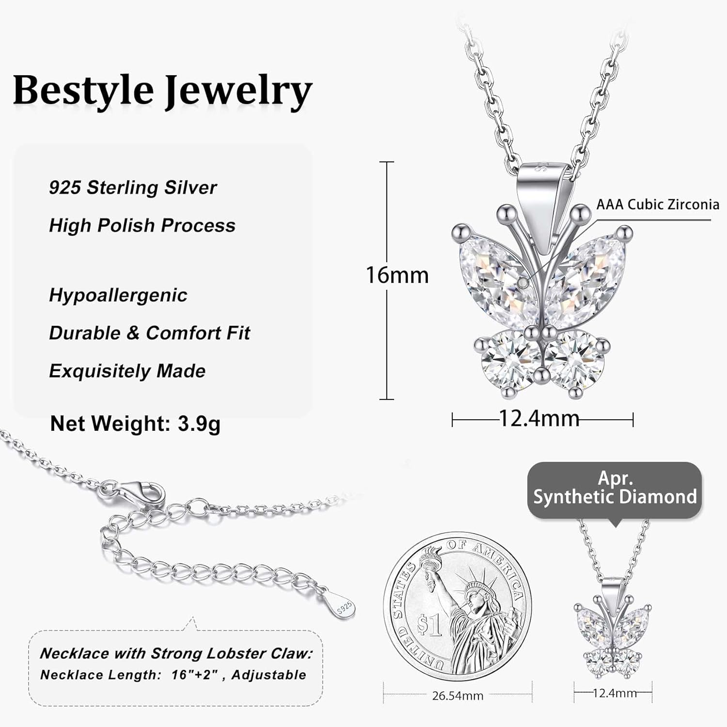 Dazzling April Clear Quartz Butterfly Birthstone Necklace