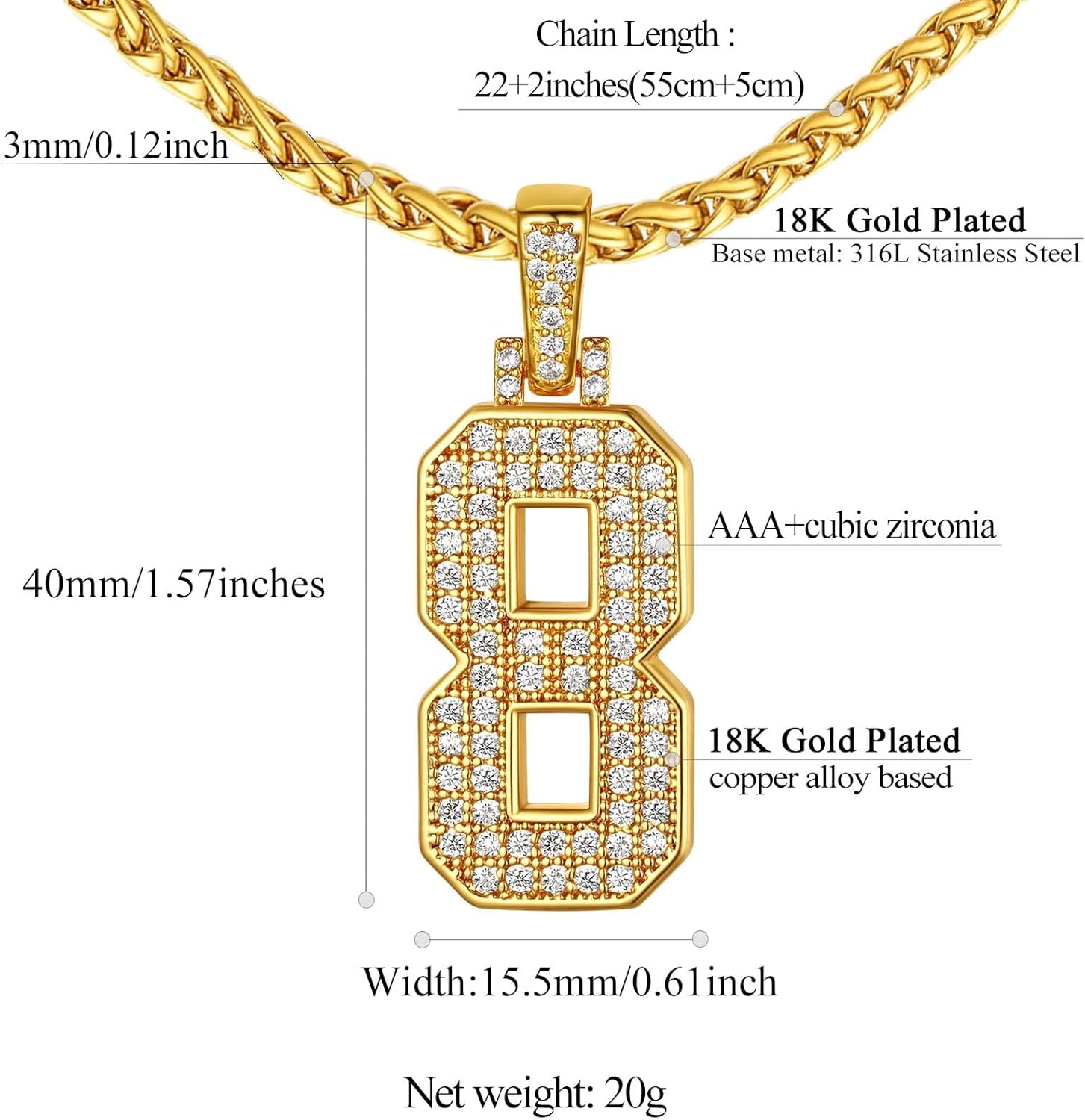 18K Gold Plated Zirconia Number Chain Necklaces