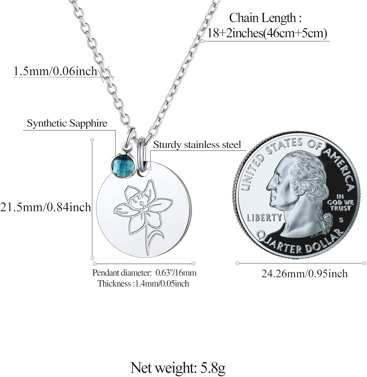 Jan. to Dec. Guardian Month Floral Birth Flower & Birthstone Disc Necklaces