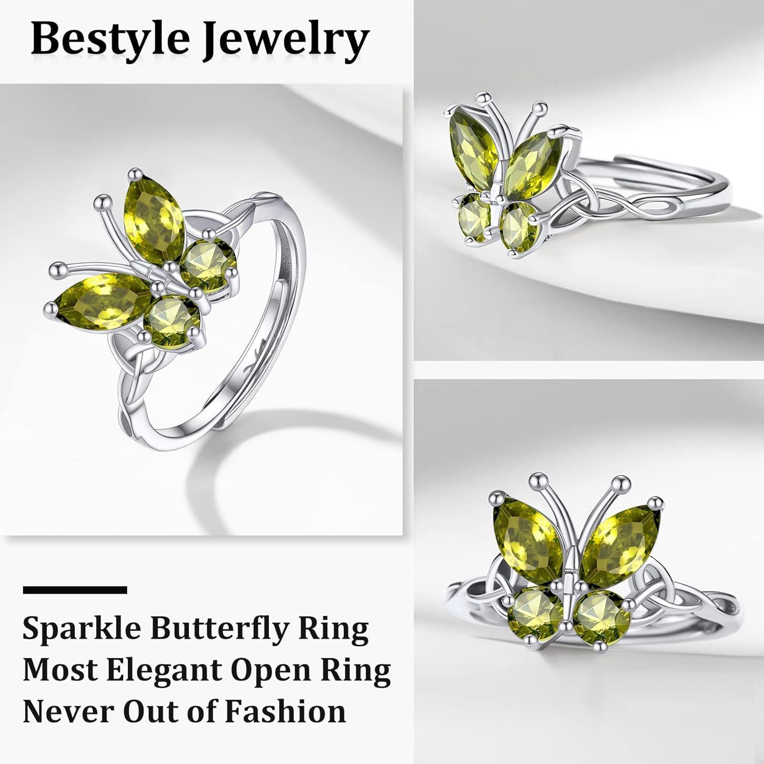 August Peridot Butterfly Birthstone Stackable Rings