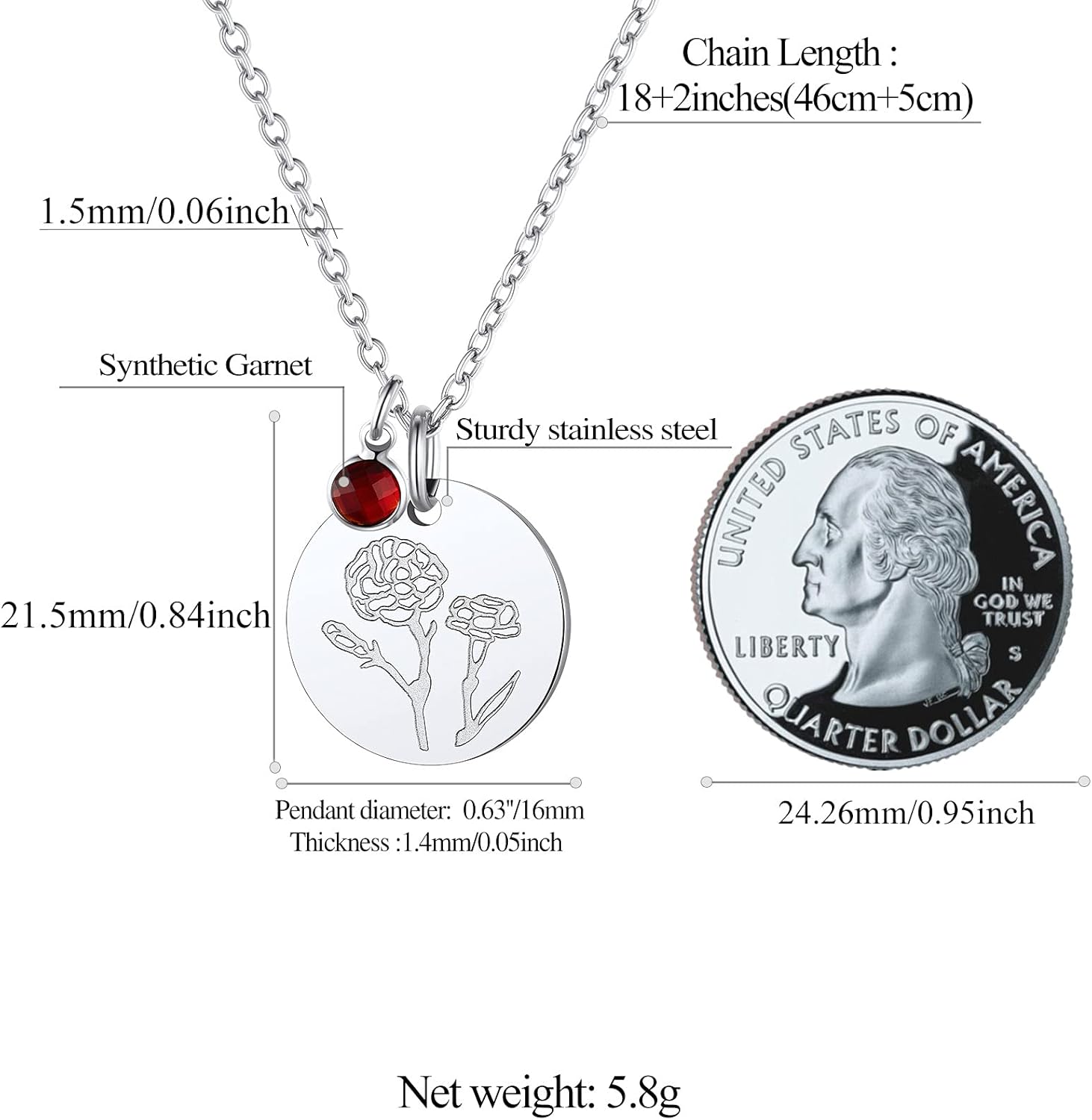 Jan. to Dec. Guardian Month Floral Birth Flower & Birthstone Disc Necklaces