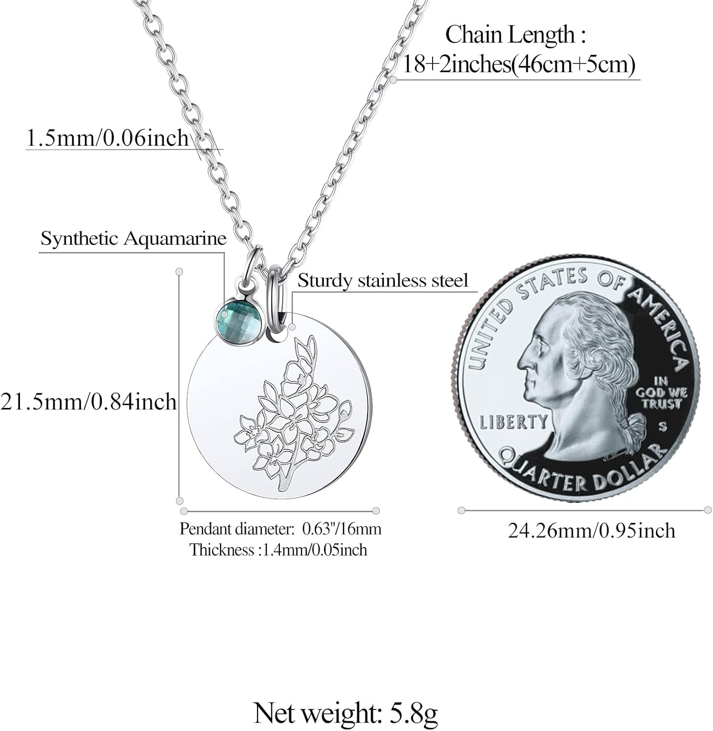 Jan. to Dec. Guardian Month Floral Birth Flower & Birthstone Disc Necklaces