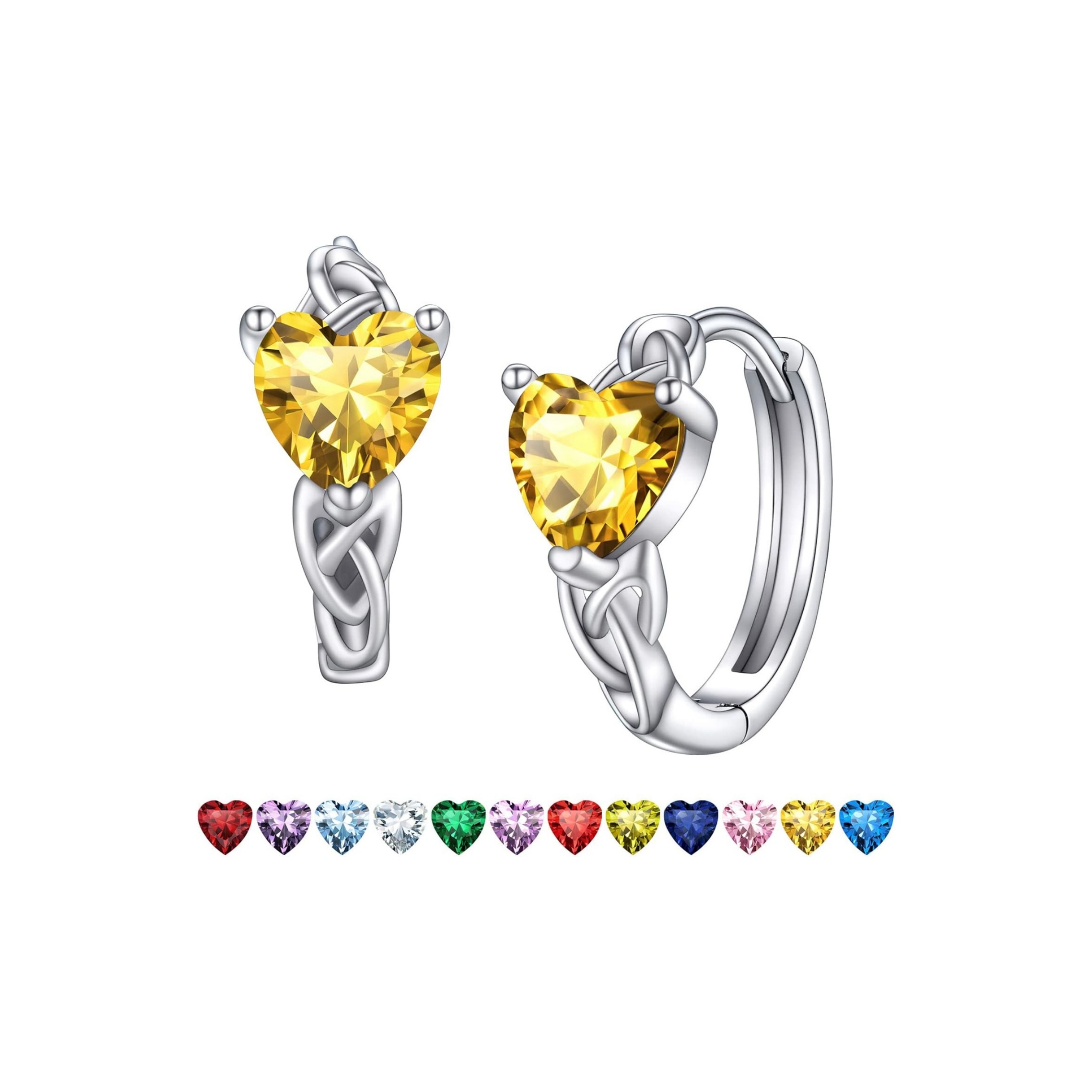 November Yellow Topaz Heart Celtic Knot Birthstone Hoop Earrings