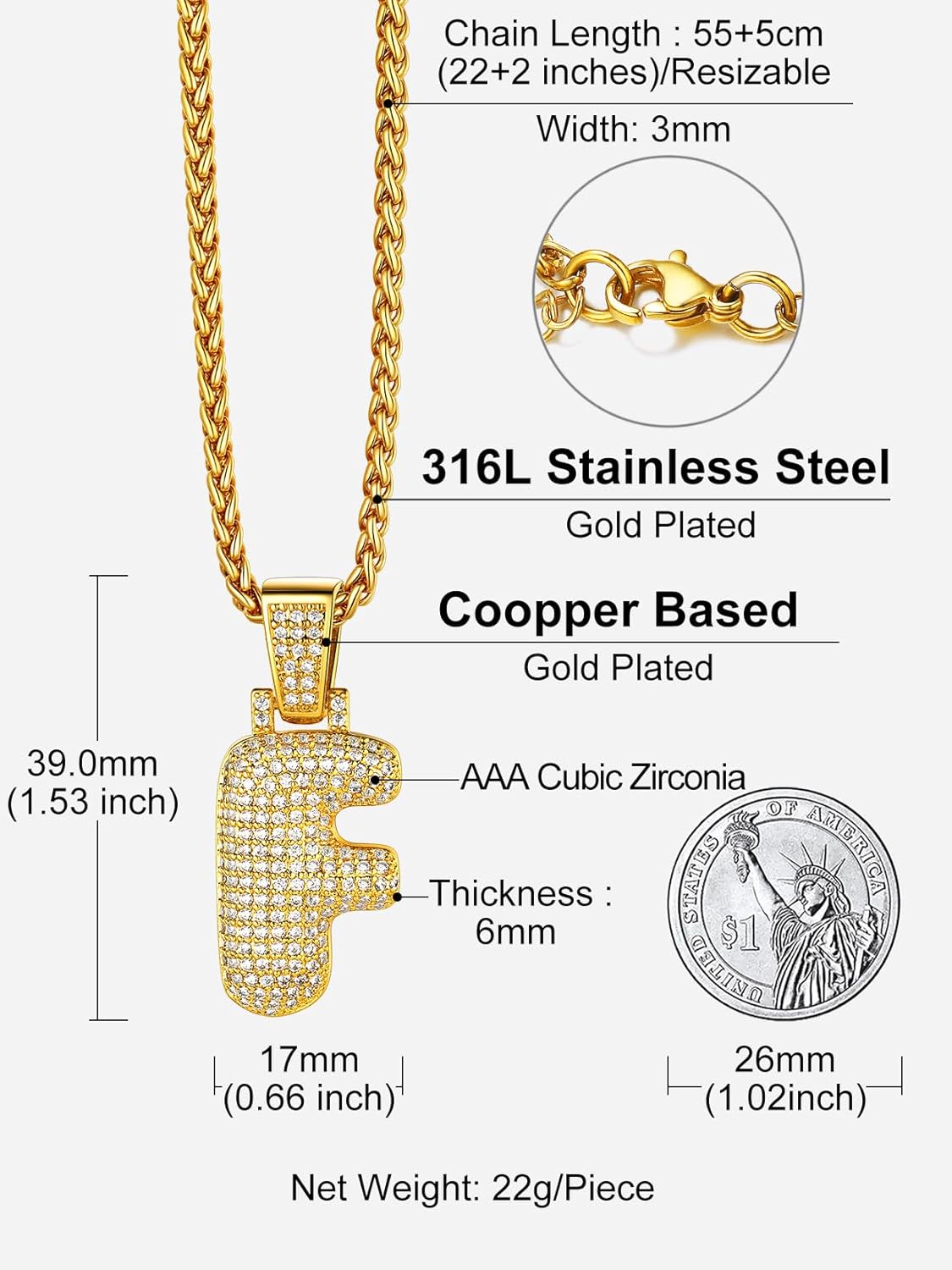 Initial Bubble F 18K Gold Plated Shiny Cubic Zirconia Monogram Pendant Necklaces