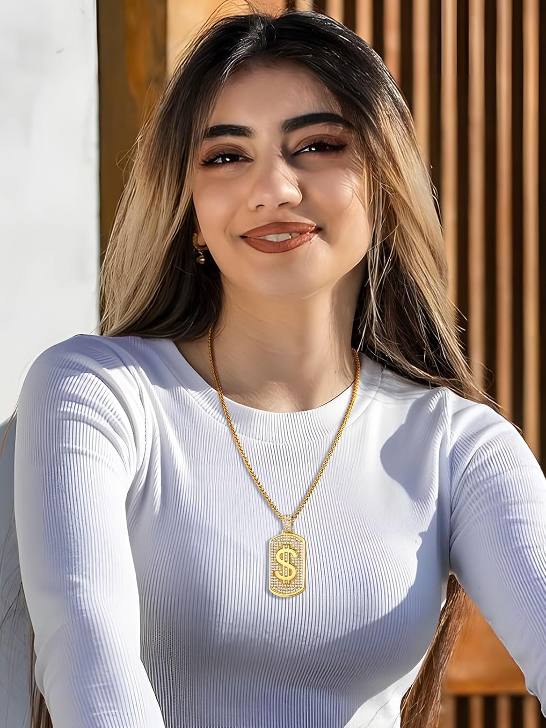 Money Chain Dog Tag Dollar Sign Cubic Zirconia Necklaces