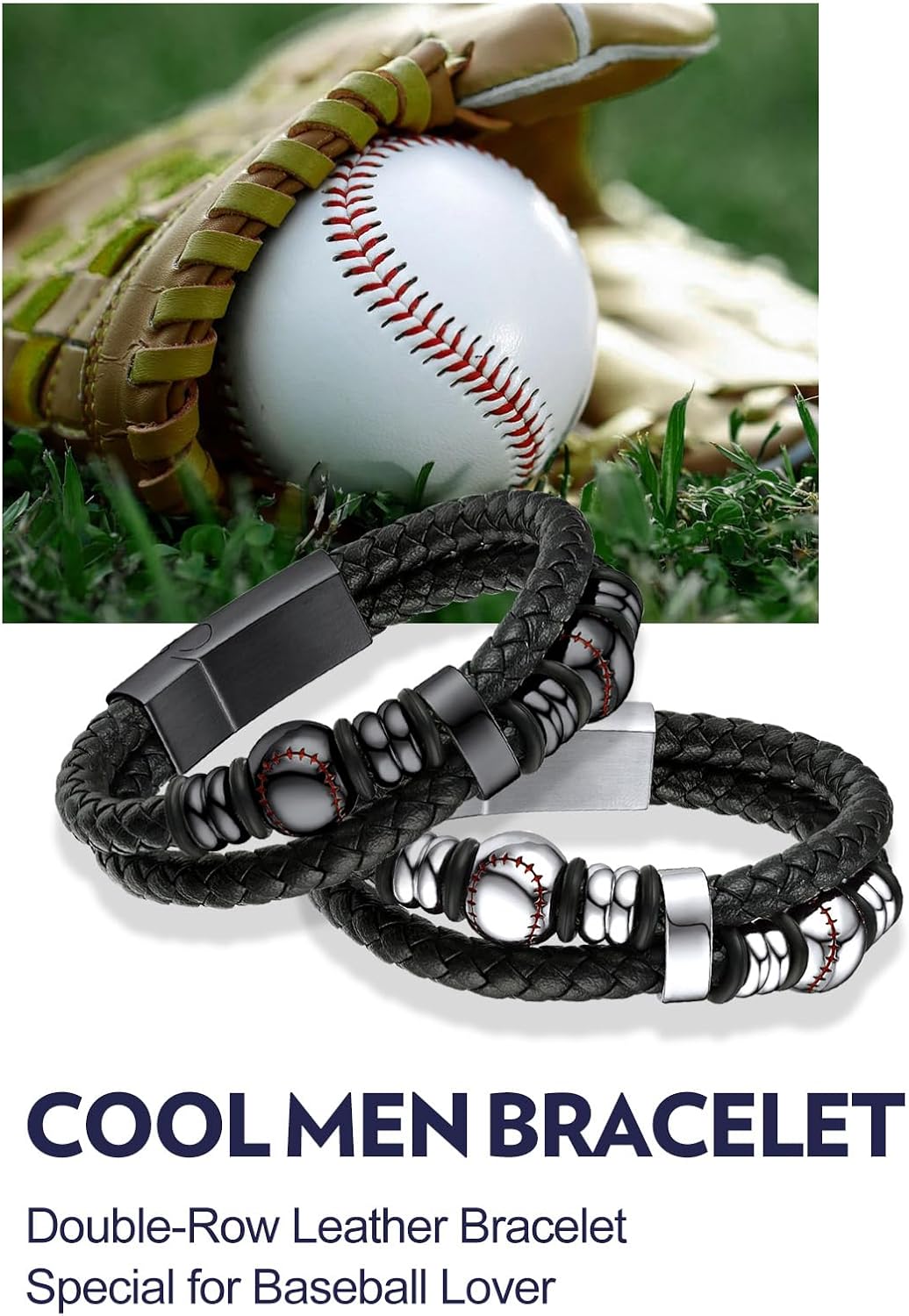 Double Row Black Braided Leather Wristband Baseball Beaded Bangle