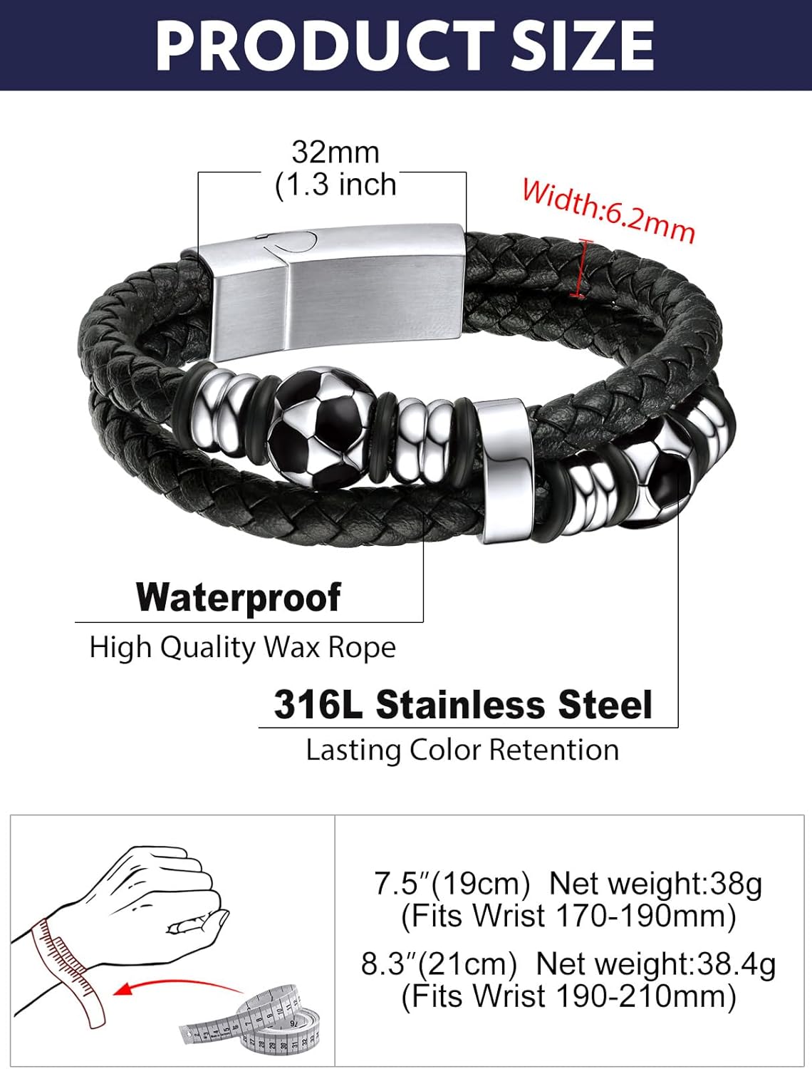 Double Row Black Braided Leather Wristband Football Beaded Bangle