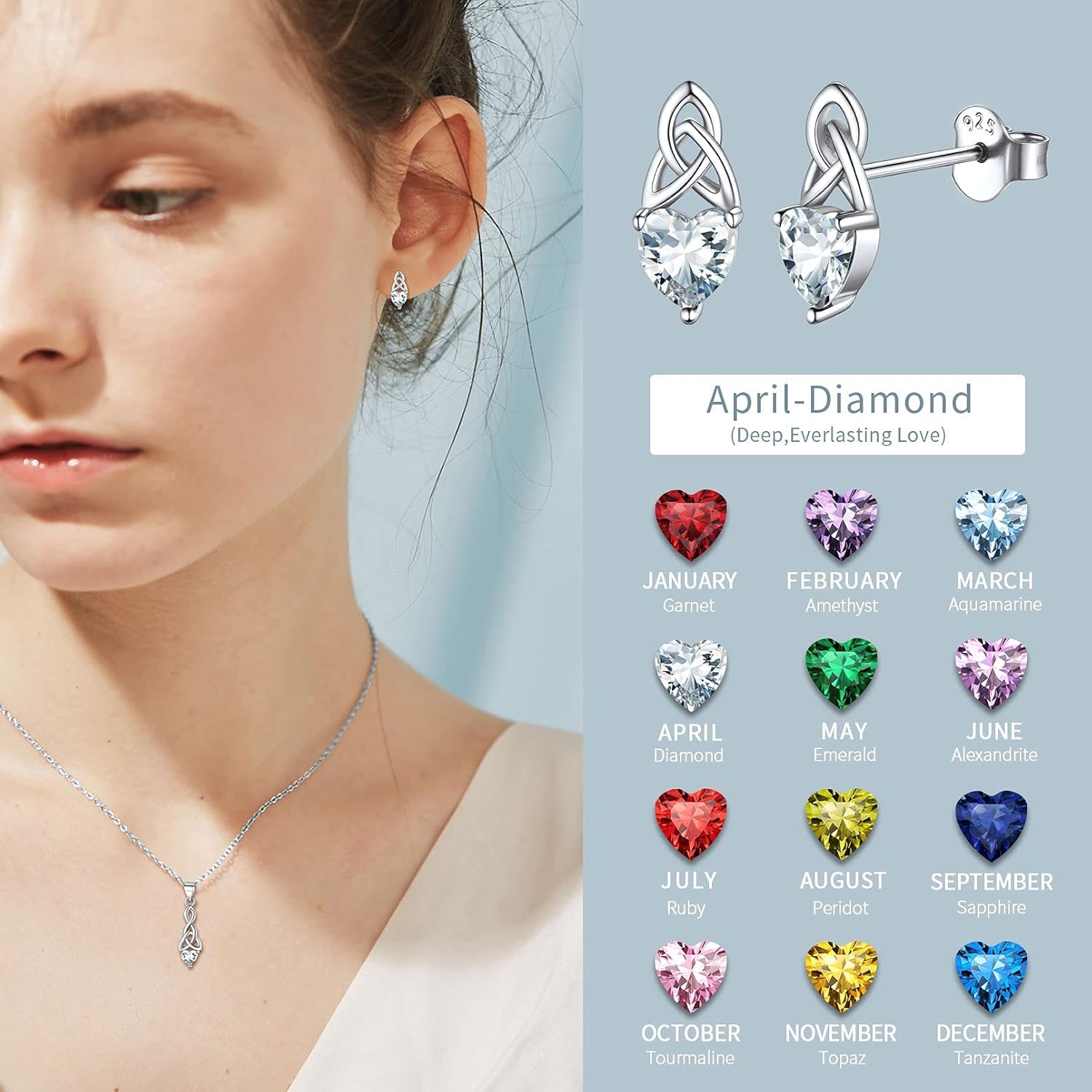 Brilliant Heart Cut Birthstone & Celtic Knot Stud Earrings