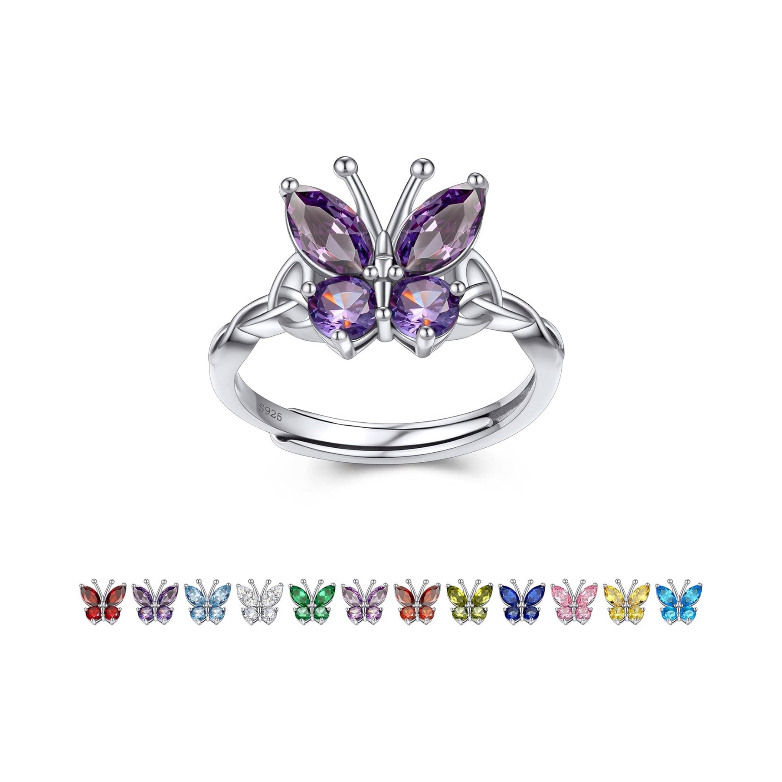 February Amethyst Butterfly Birthstone Stackable Rings