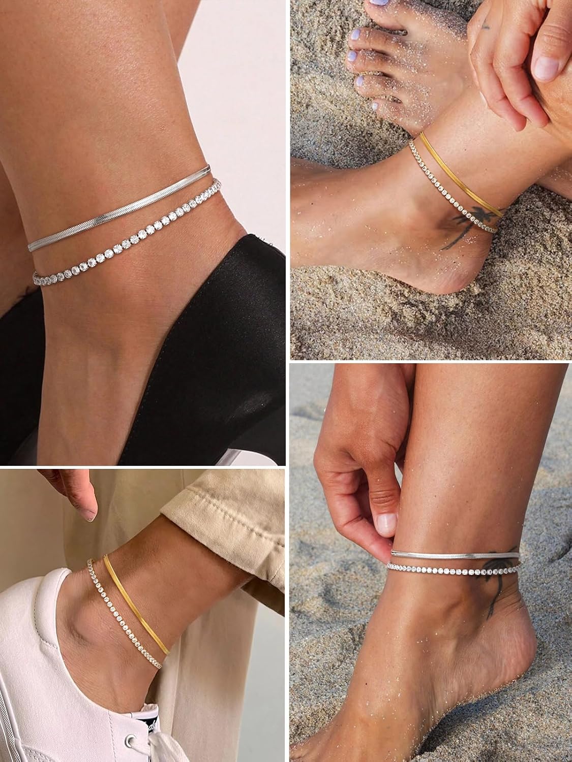 2PCS Herringbone & Tennis Chain Foot Jewelry Anklets Jewelry Set