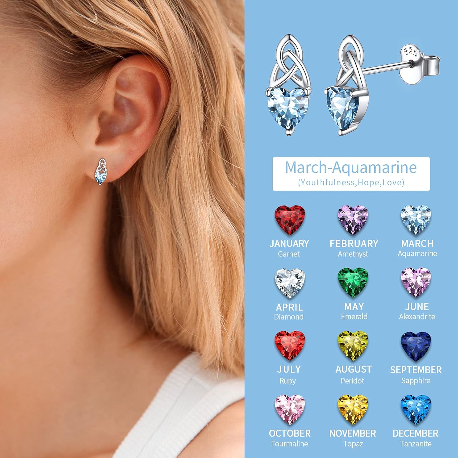 Brilliant Heart Cut Birthstone & Celtic Knot Stud Earrings