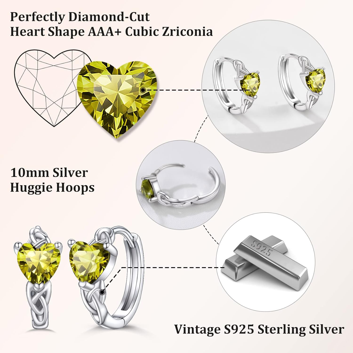 August Peridot Heart Celtic Knot Birthstone Hoop Earrings