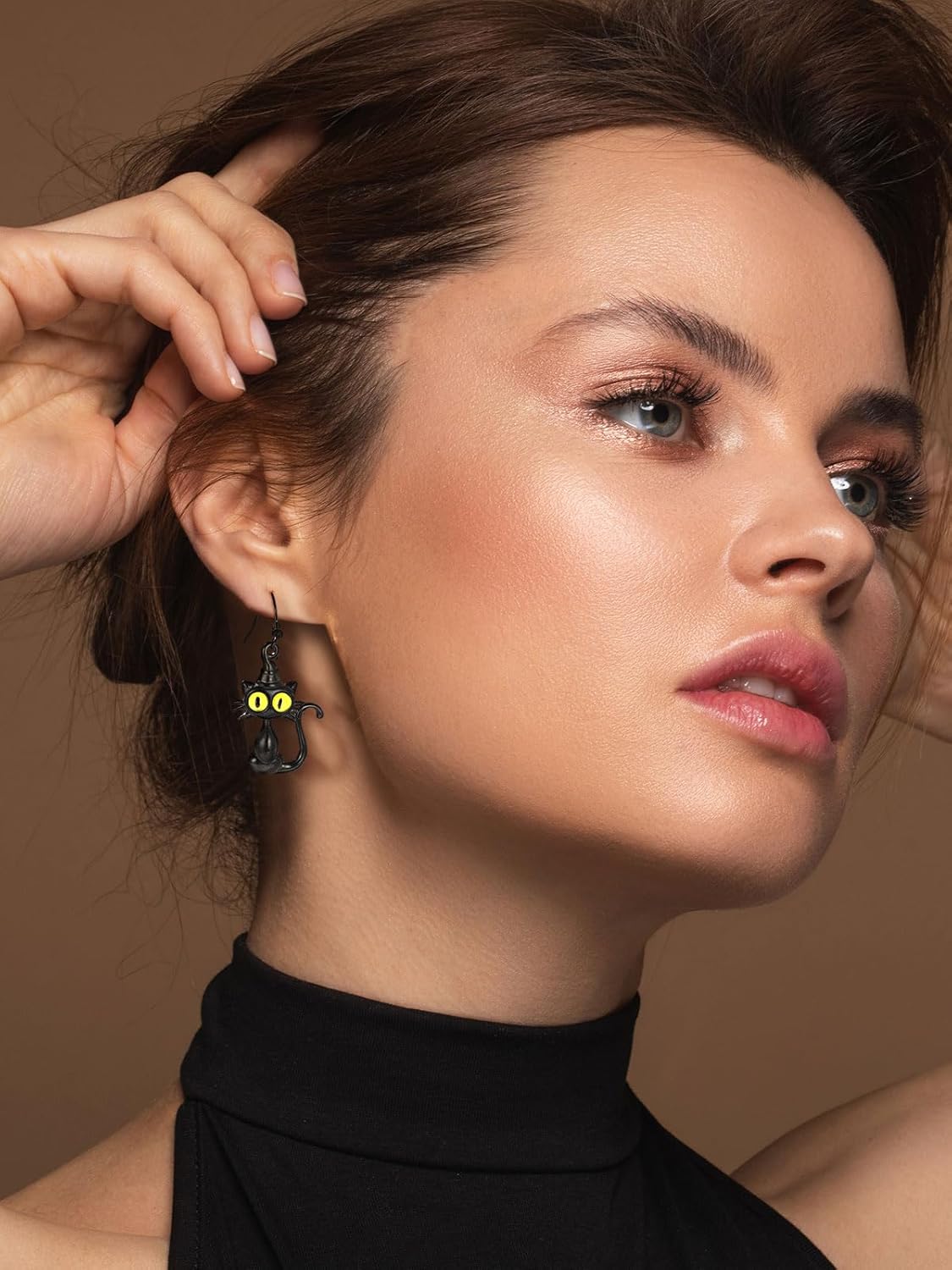 Stainless Steel Black Cat Dangle Earrings 