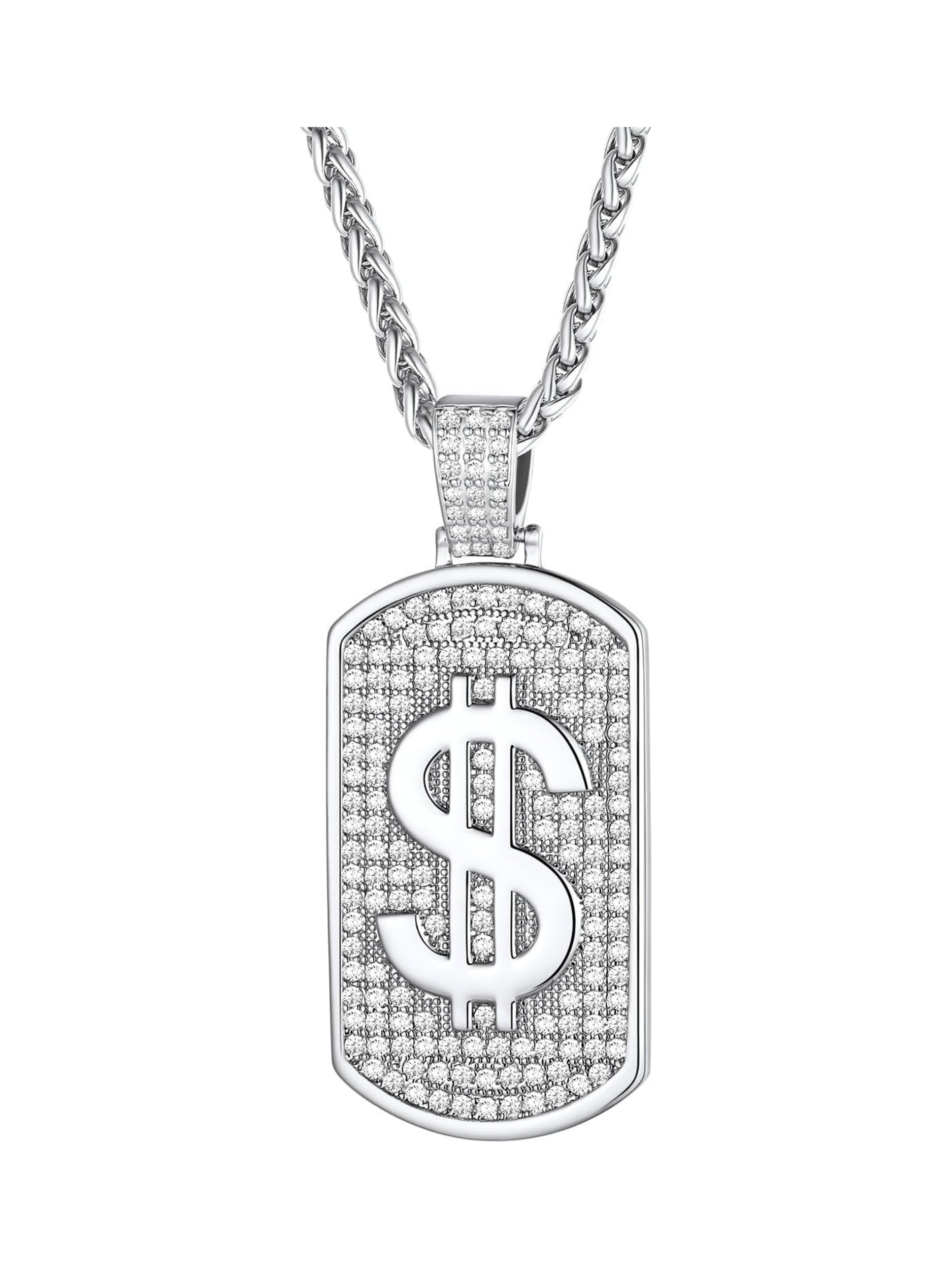 Money Chain Dog Tag Dollar Sign Cubic Zirconia Necklaces