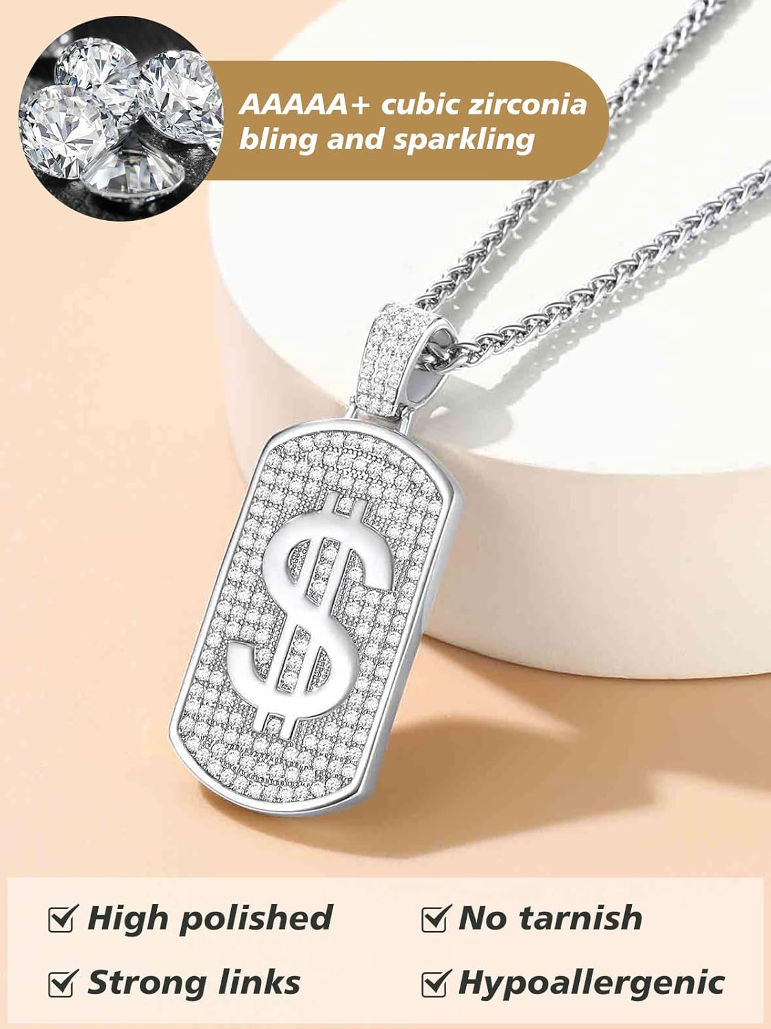 Money Chain Dog Tag Dollar Sign Cubic Zirconia Necklaces