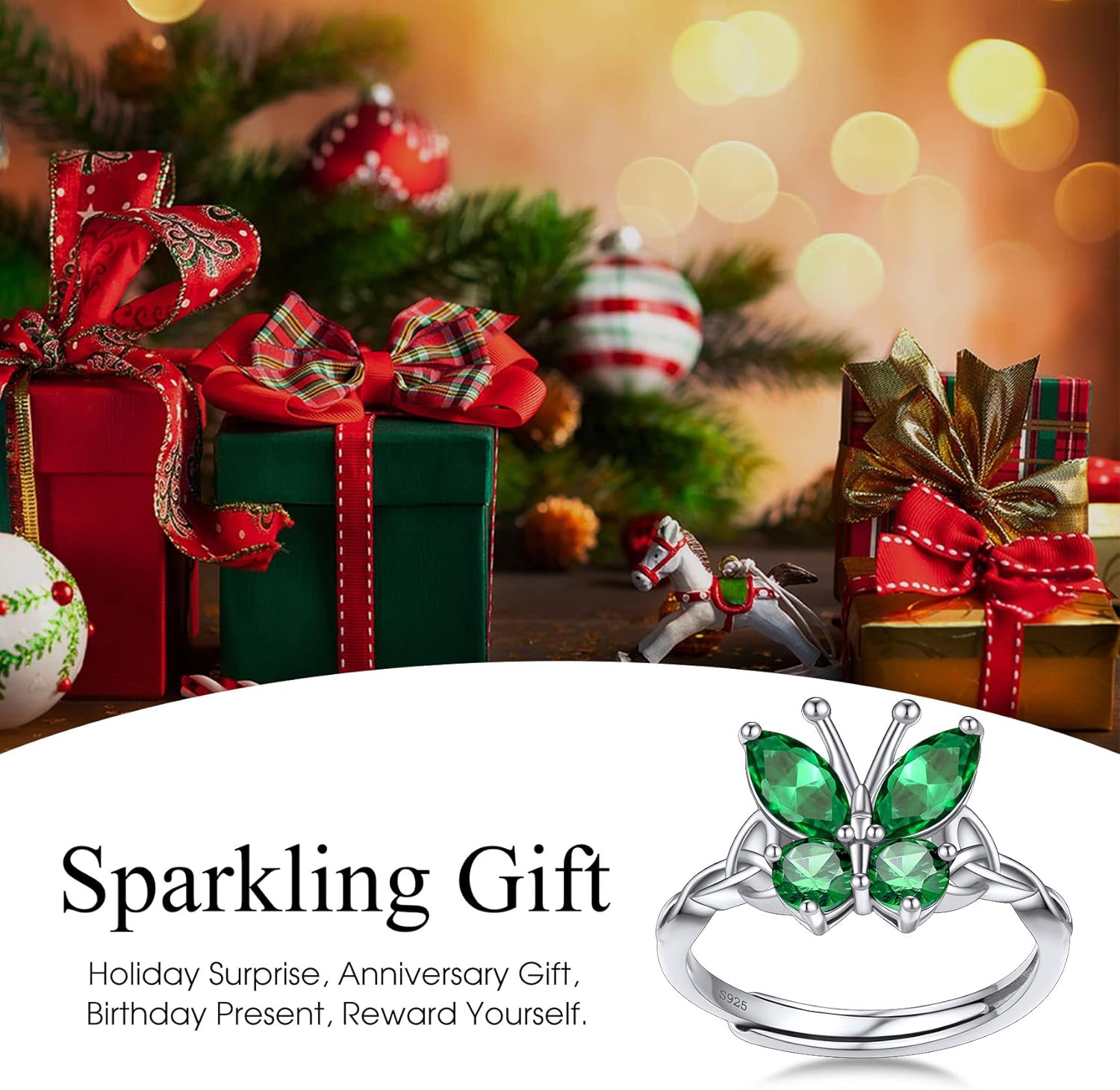 May Emerald Butterfly Birthstone Stackable Rings