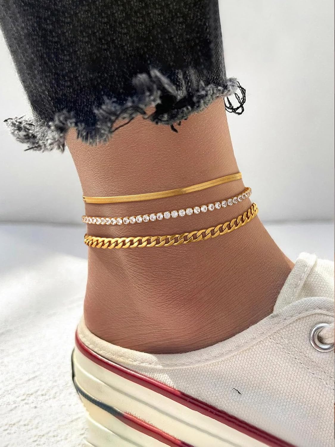 3PCS Herringbone & Tennis & Cuban Link Herringbone Link Foot Jewelry Set