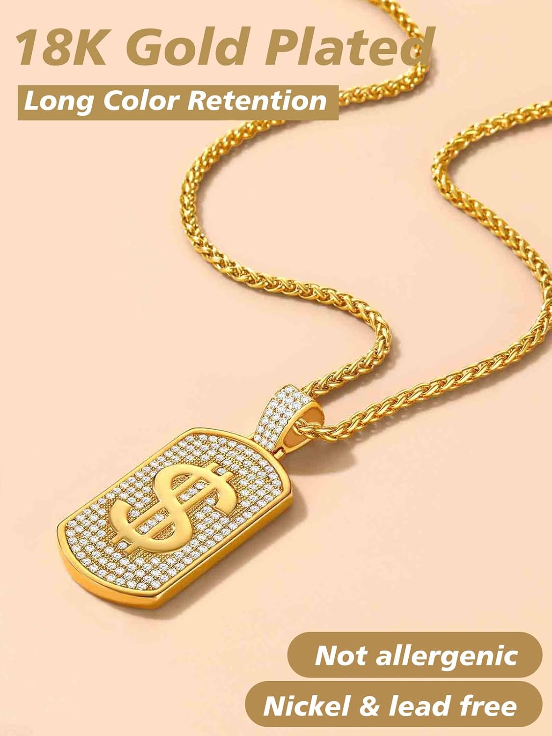 Money Chain Dog Tag Dollar Sign Cubic Zirconia Necklaces
