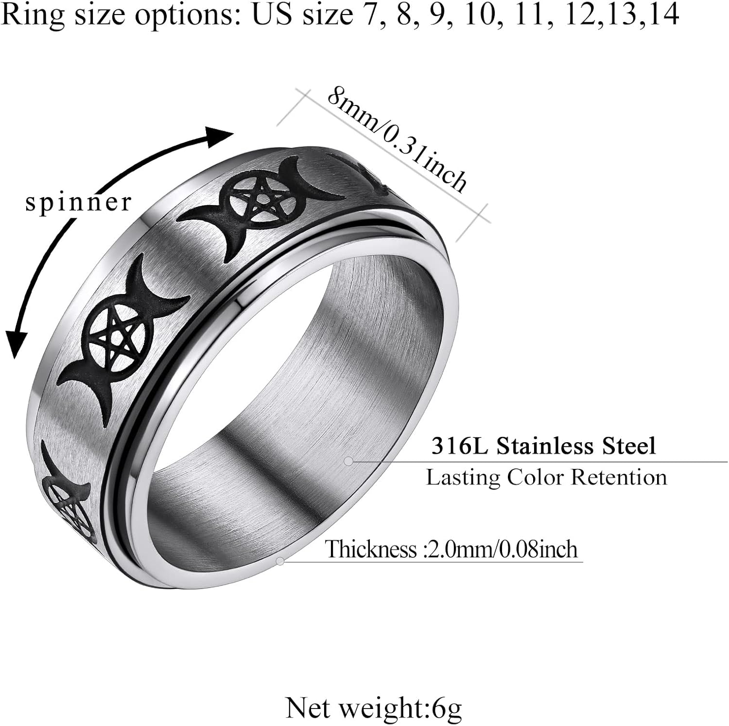 Triple Moons Spinner Band Rings