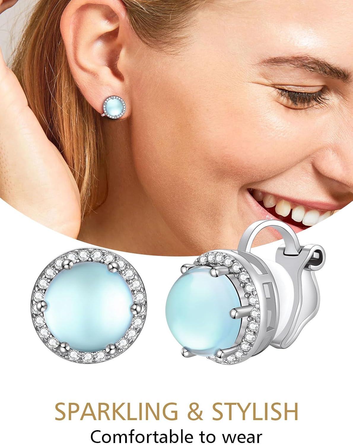 Clip on Round Synthetic Moonstone Stud Earrings