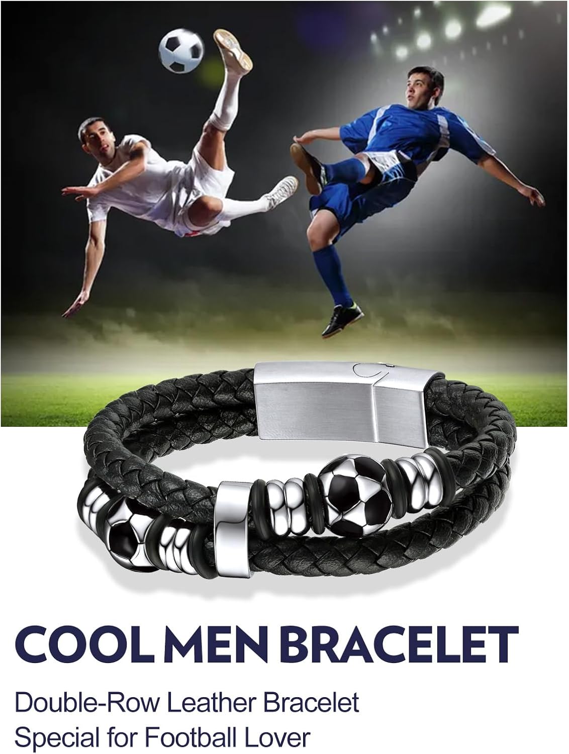 Double Row Black Braided Leather Wristband Football Beaded Bangle