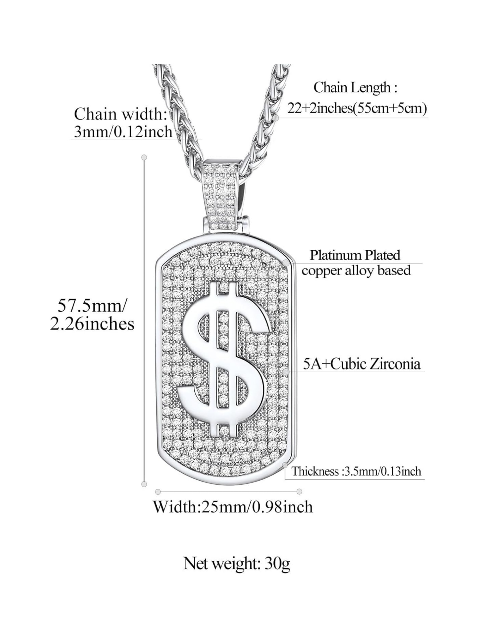 Money Chain Dog Tag Dollar Sign Cubic Zirconia Necklaces