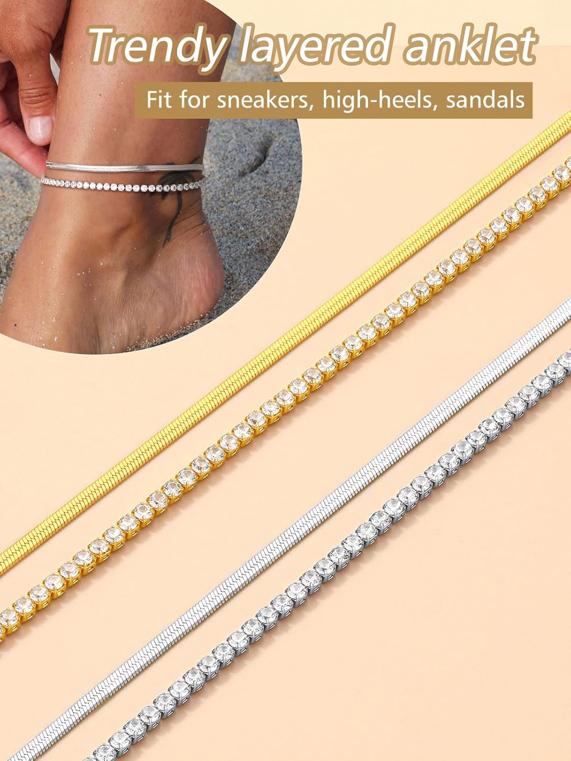2PCS Herringbone & Tennis Chain Foot Jewelry Anklets Jewelry Set