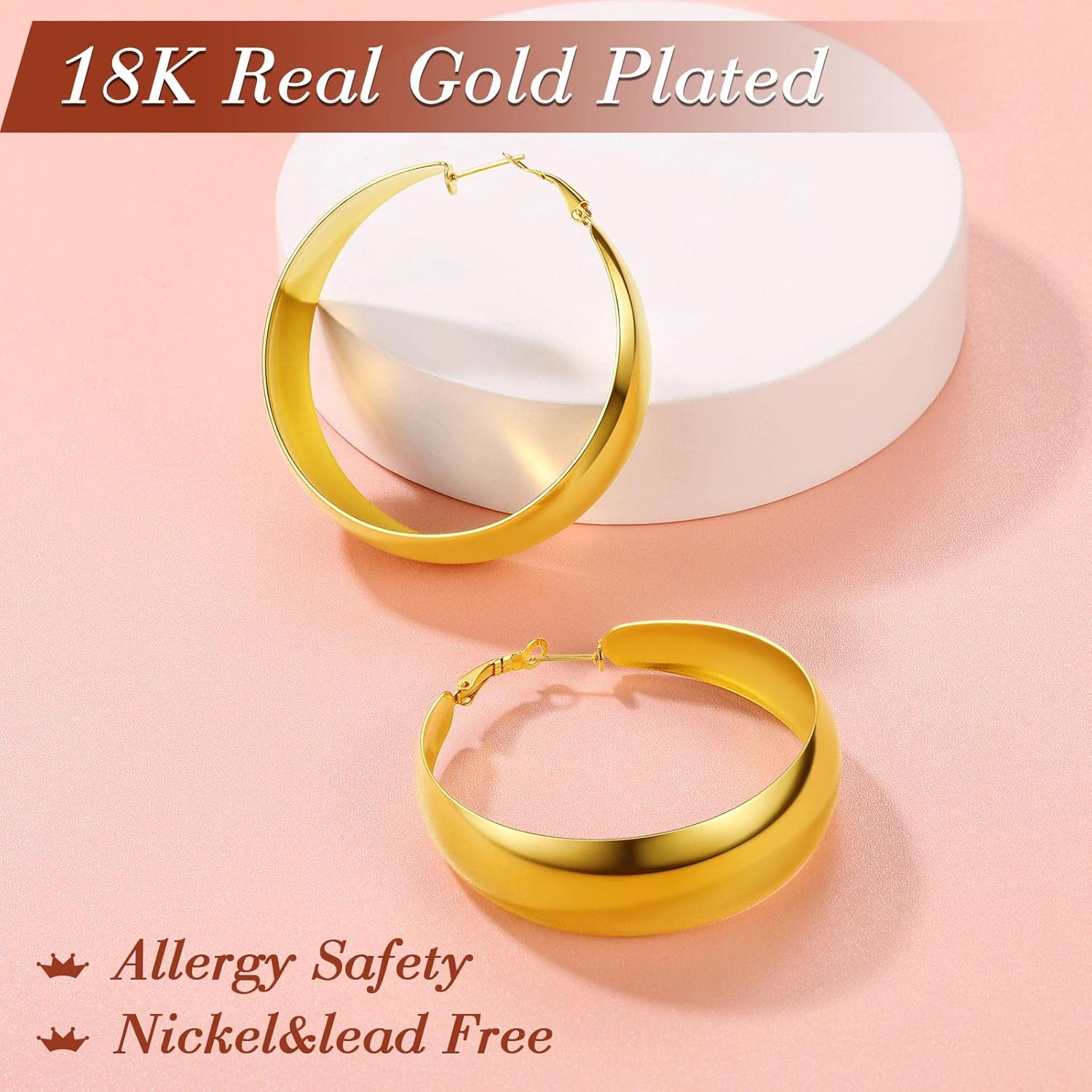 18K Real Gold Plated Stainless Steel Wide Hoop Earrings 
