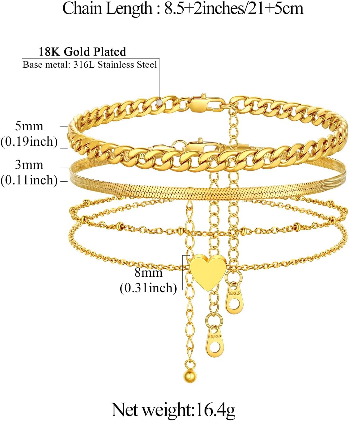 3PCS Cuban & Herringbone & Beaded Heart Ankle Set