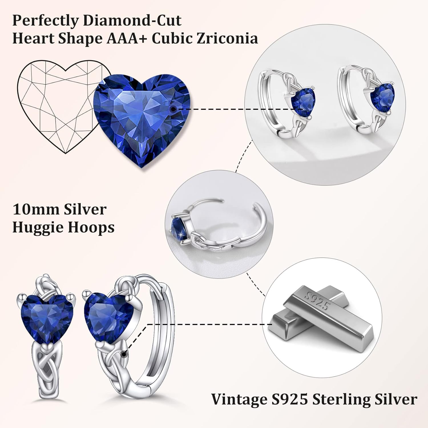 September Blue Sapphire Heart Celtic Knot Birthstone Hoop Earrings