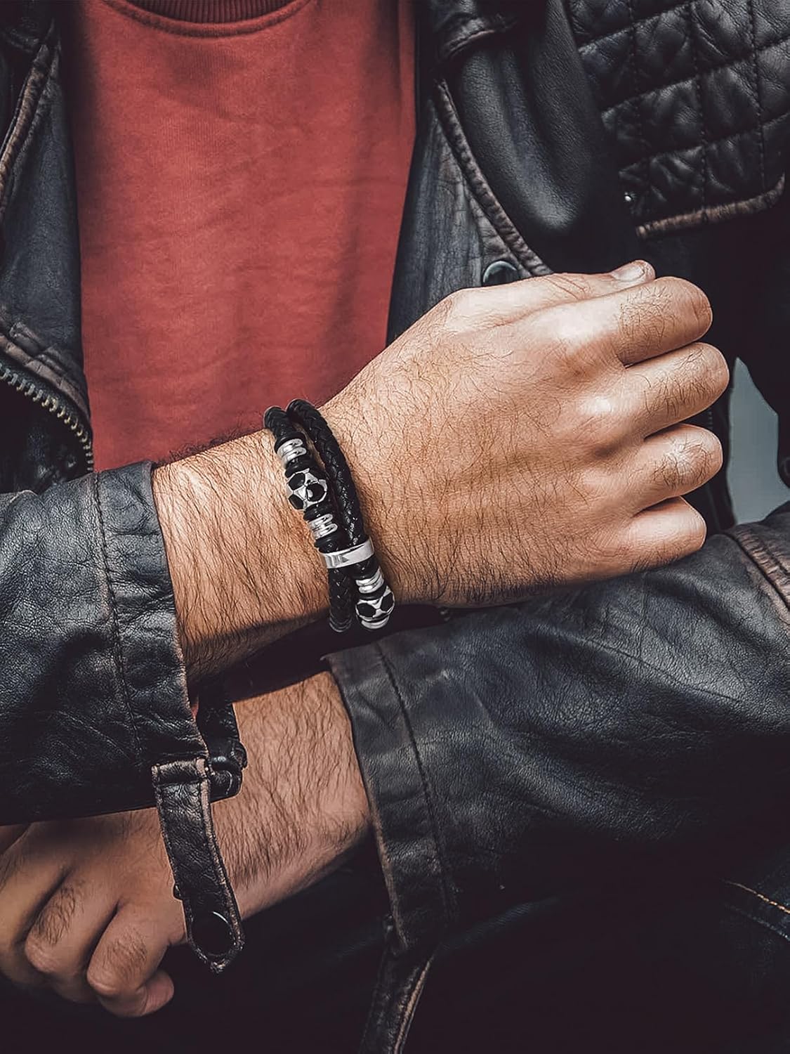 Double Row Black Braided Leather Wristband Football Beaded Bangle