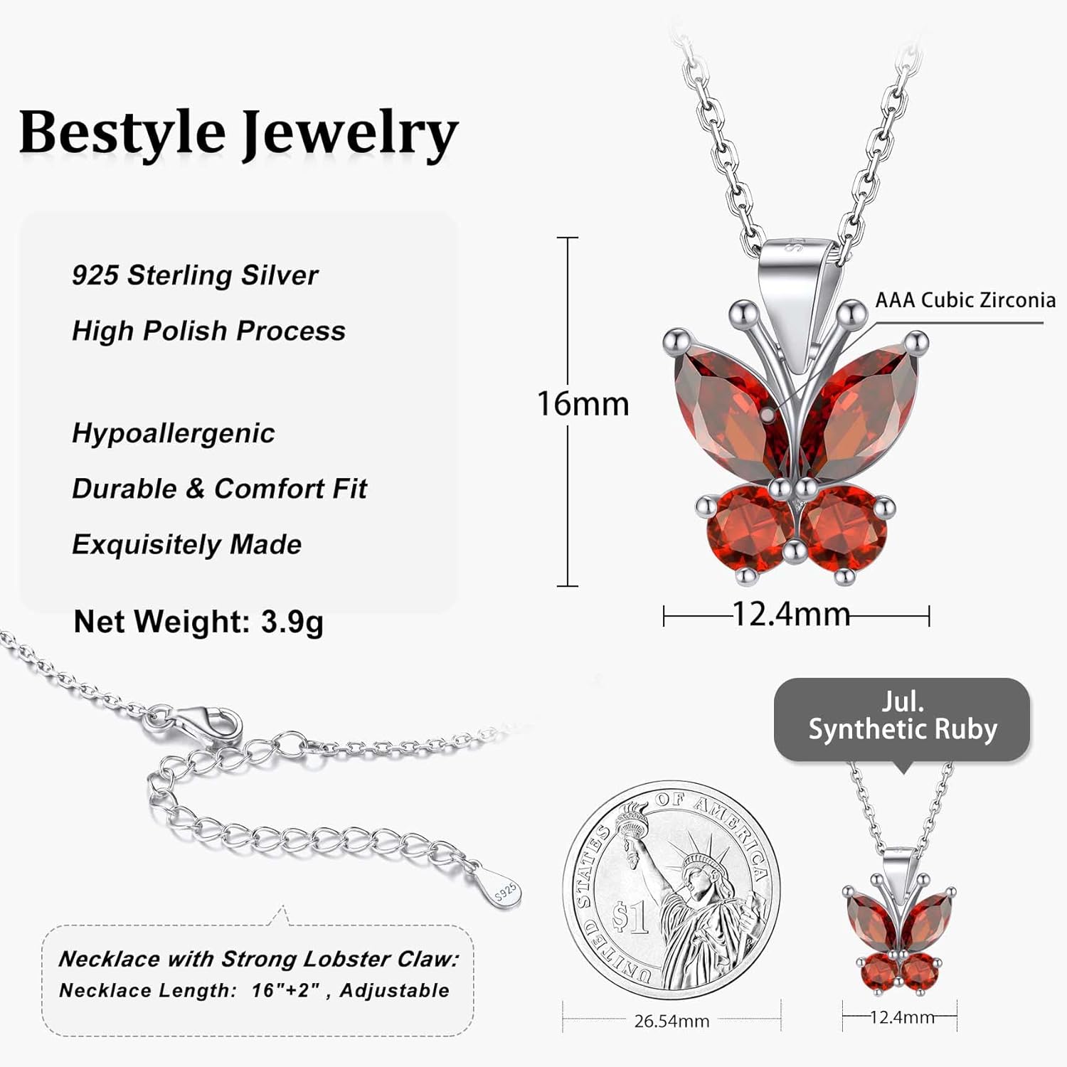 Dazzling July Ruby Butterfly Birthstone Necklace