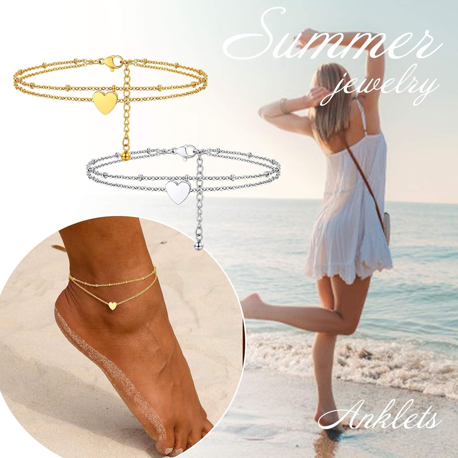 Cute Layered Heart Charm Anklets 