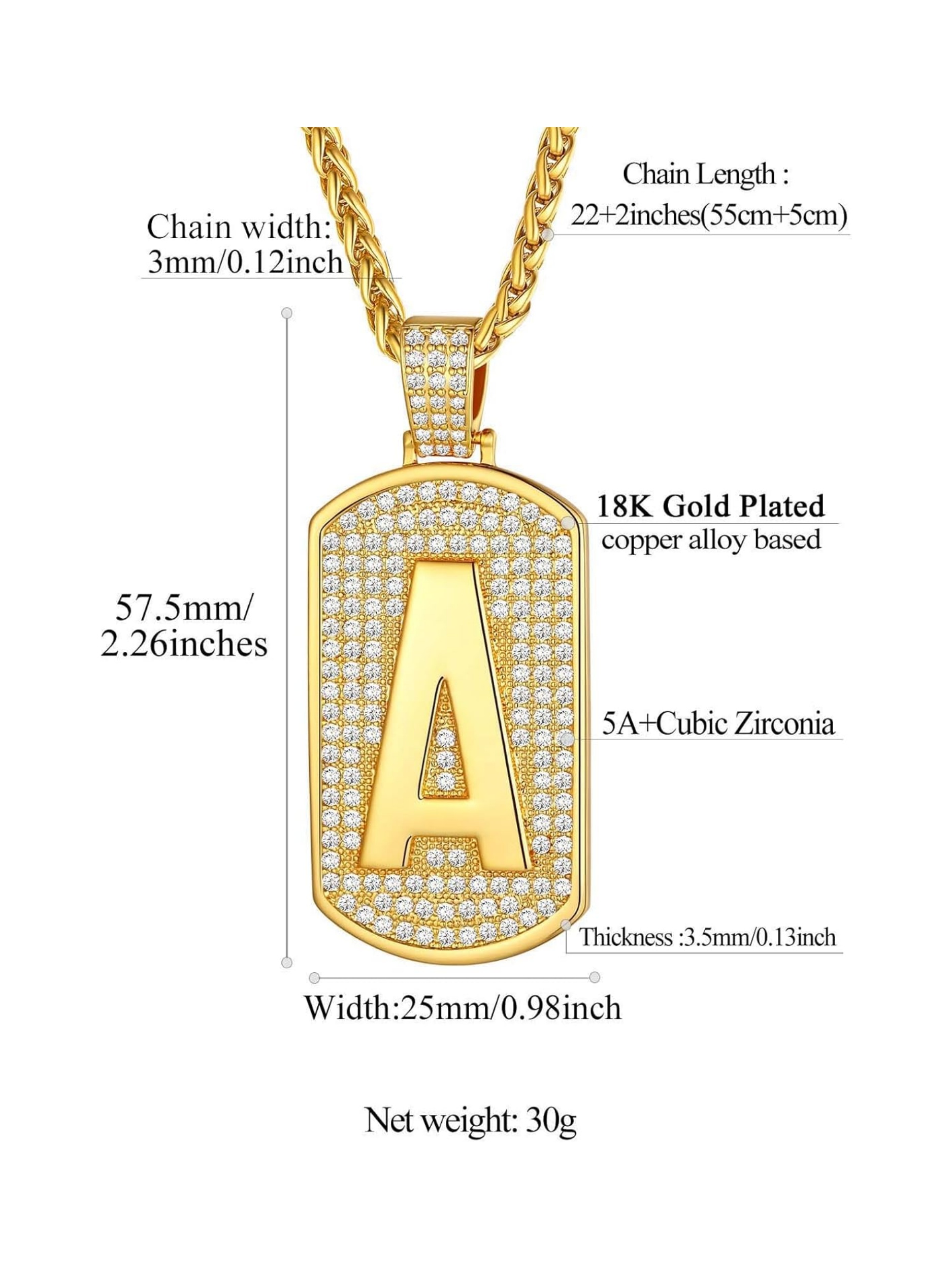 Initial Letter Pendant Cubic Zirconia Dog Tag Necklace