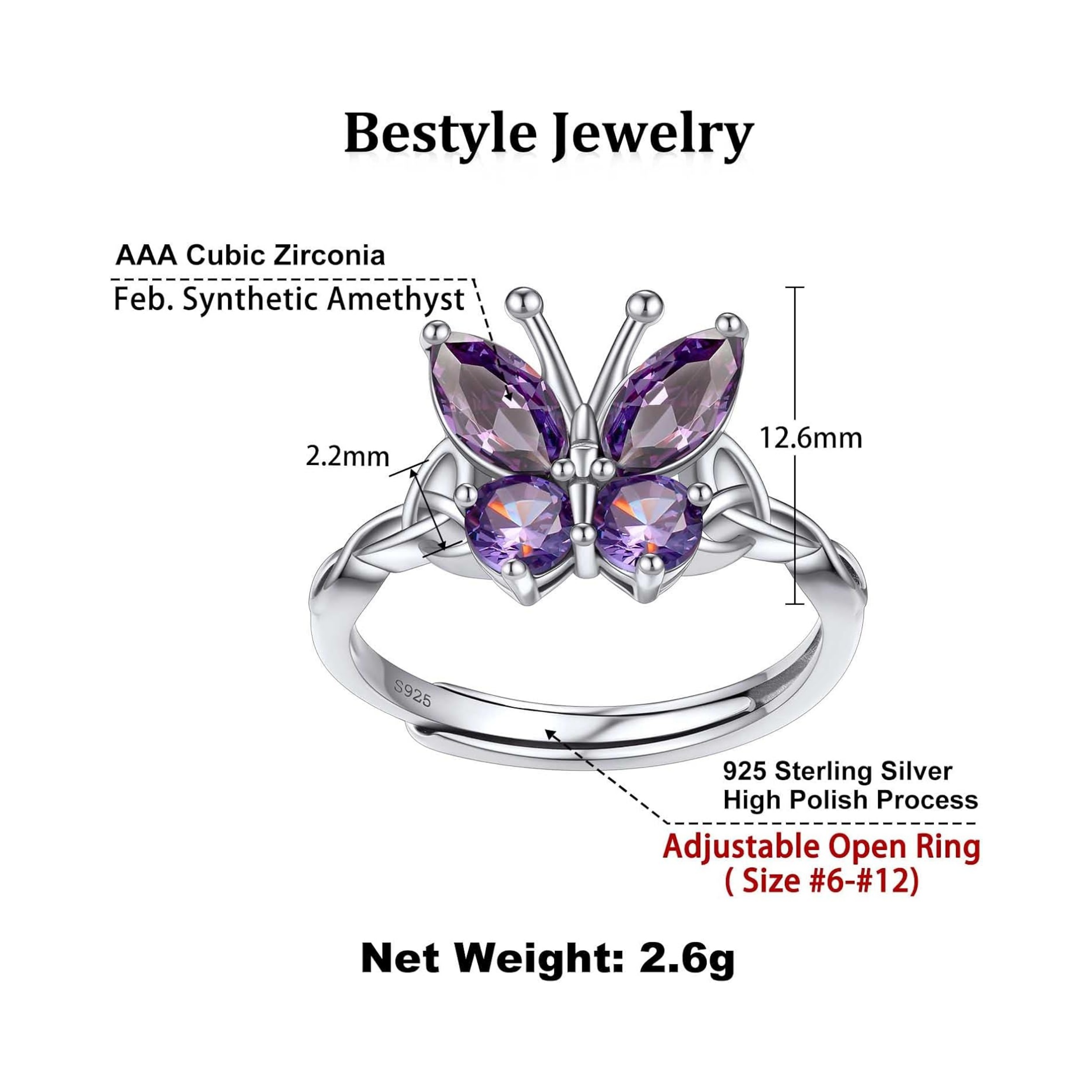 February Amethyst Butterfly Birthstone Stackable Rings