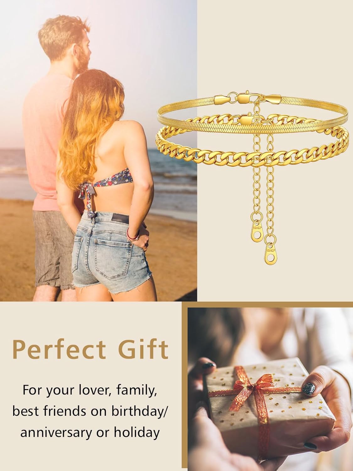 2PCS Cuban & Herringbone Ankle Set