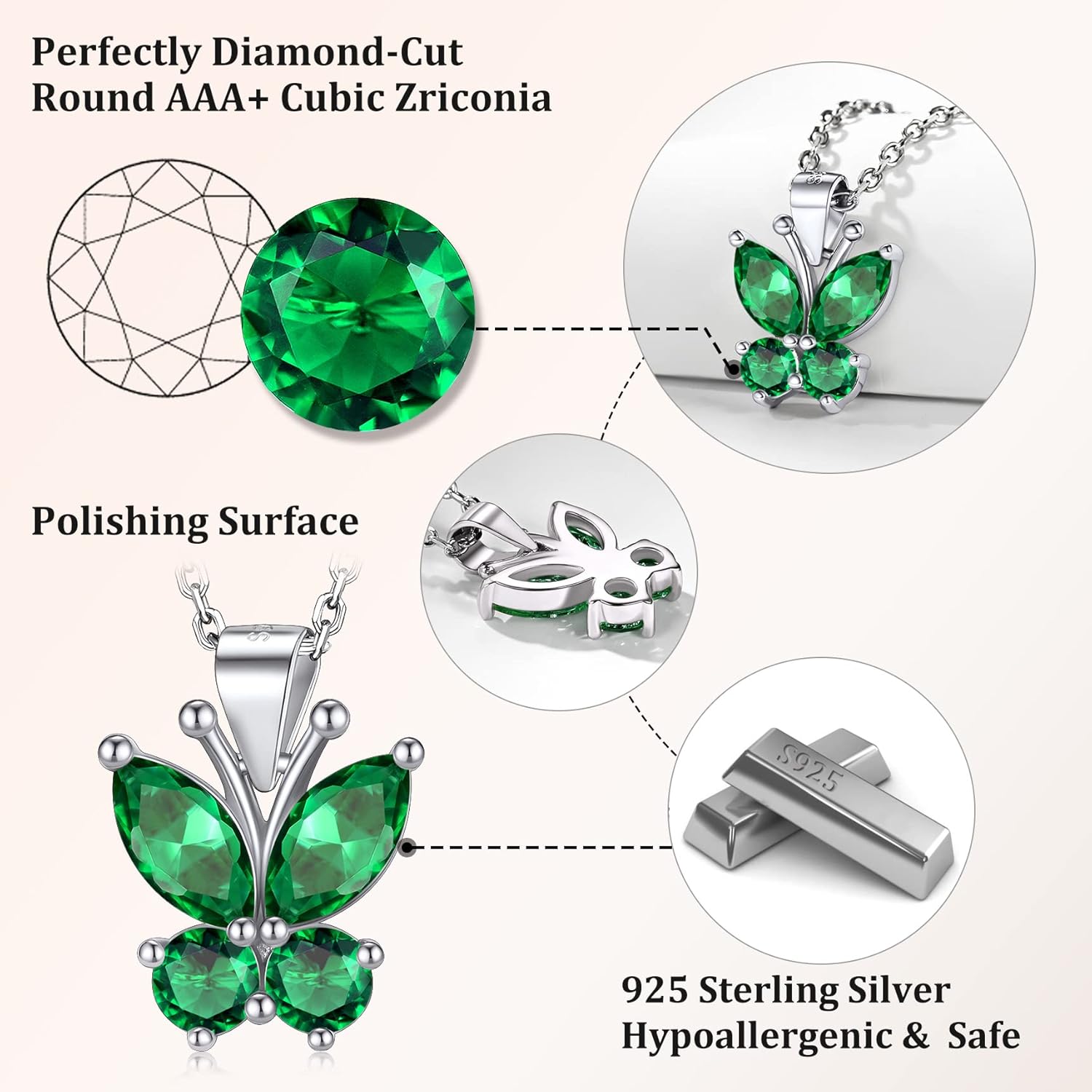 Dazzling May Emerald Quartz Butterfly Birthstone Necklace