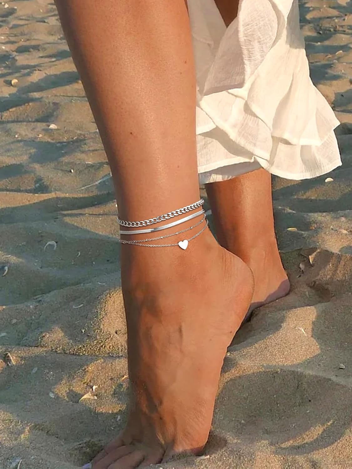 3PCS Cuban & Herringbone & Beaded Heart Ankle Set