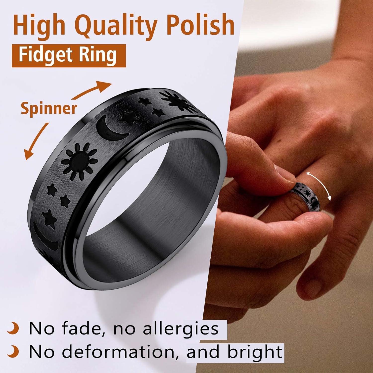 Stainless Steel Spinner Moon and Sun Mixed Color Band Rings