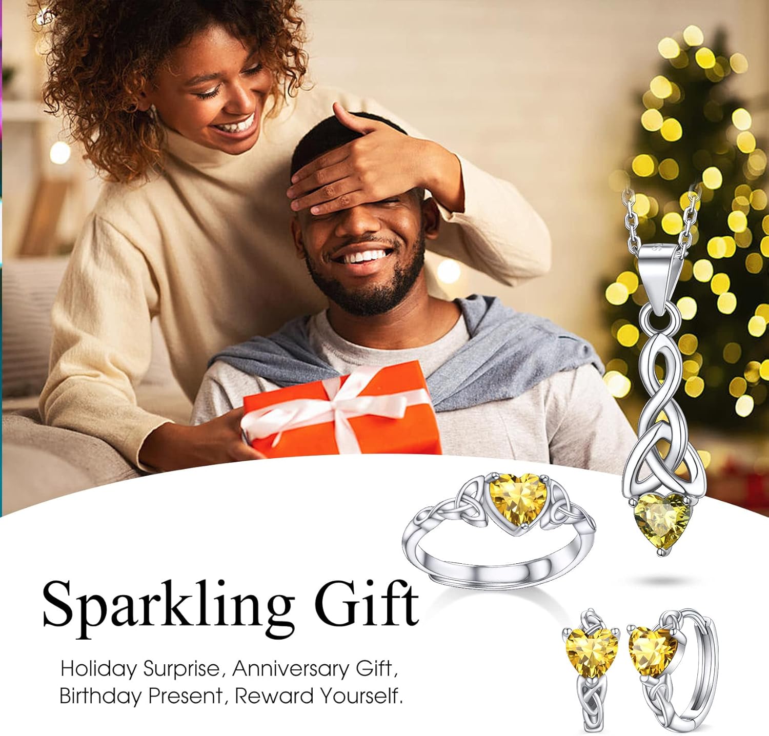 November Yellow Topaz Heart Celtic Knot Birthstone Hoop Earrings