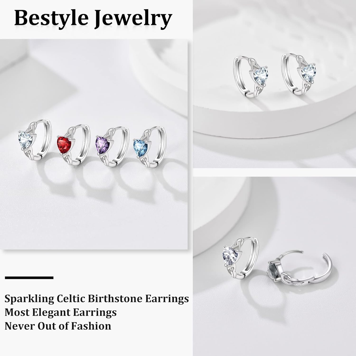 April White Diamond Heart Celtic Knot Birthstone Hoop Earrings