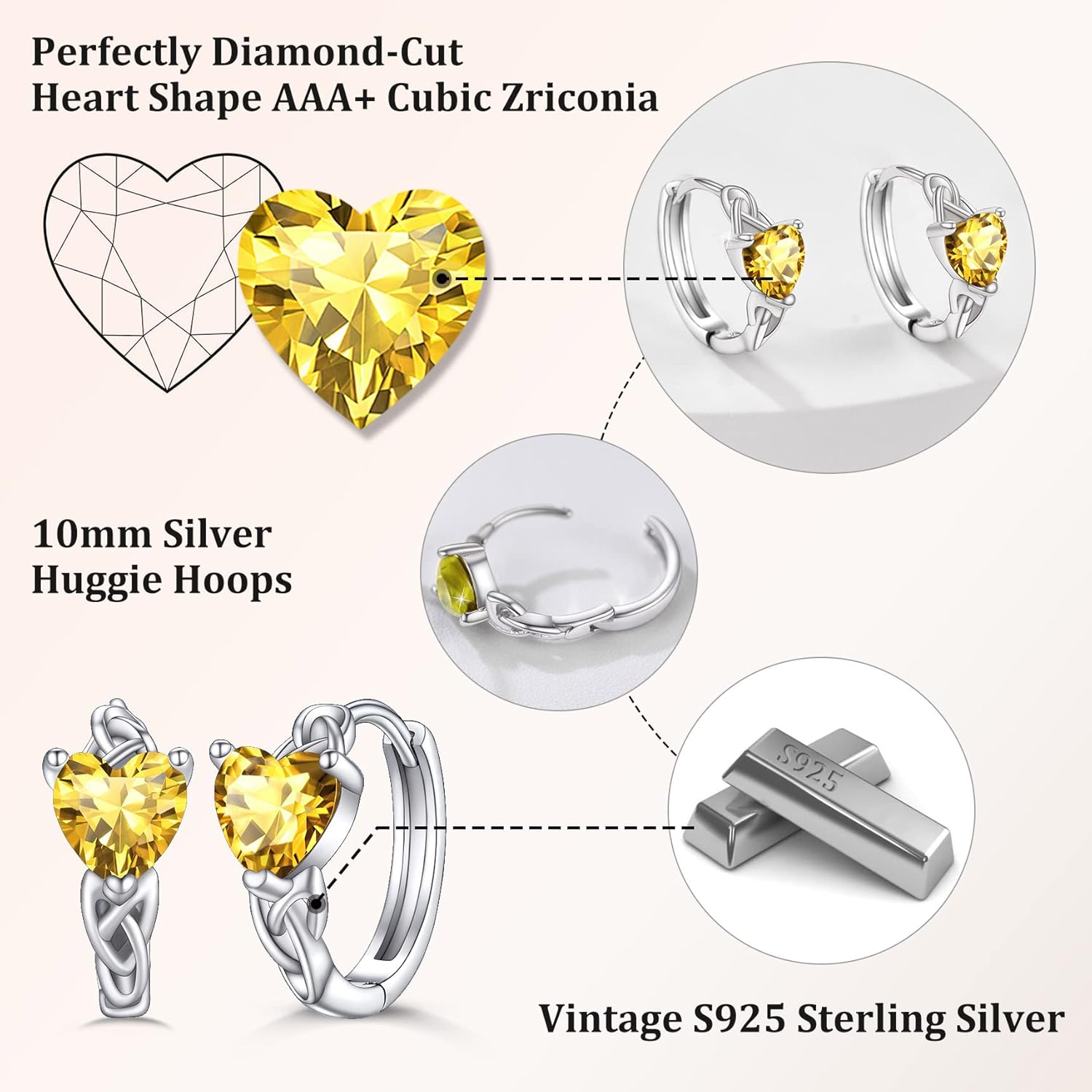 November Yellow Topaz Heart Celtic Knot Birthstone Hoop Earrings