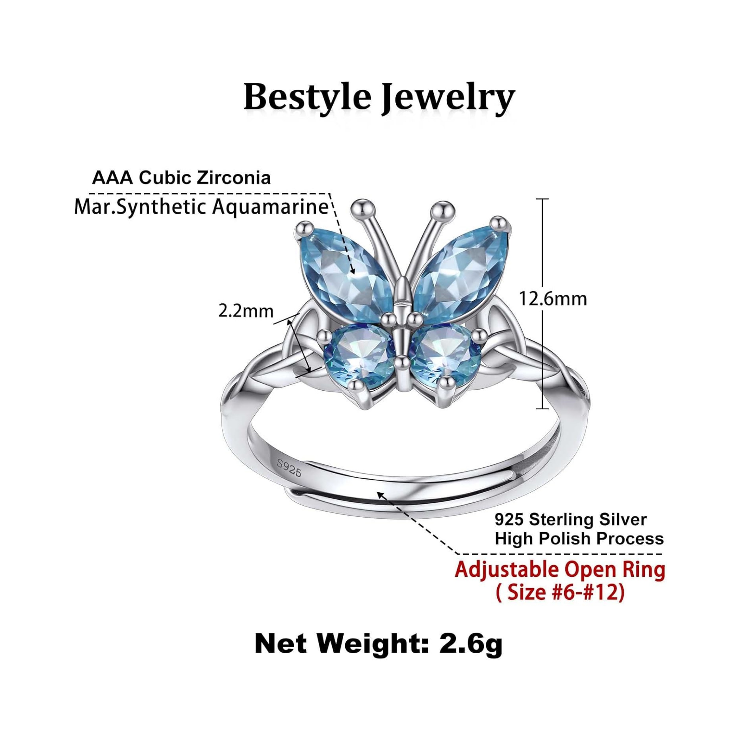 March Aquamarine Butterfly Birthstone Stackable Rings