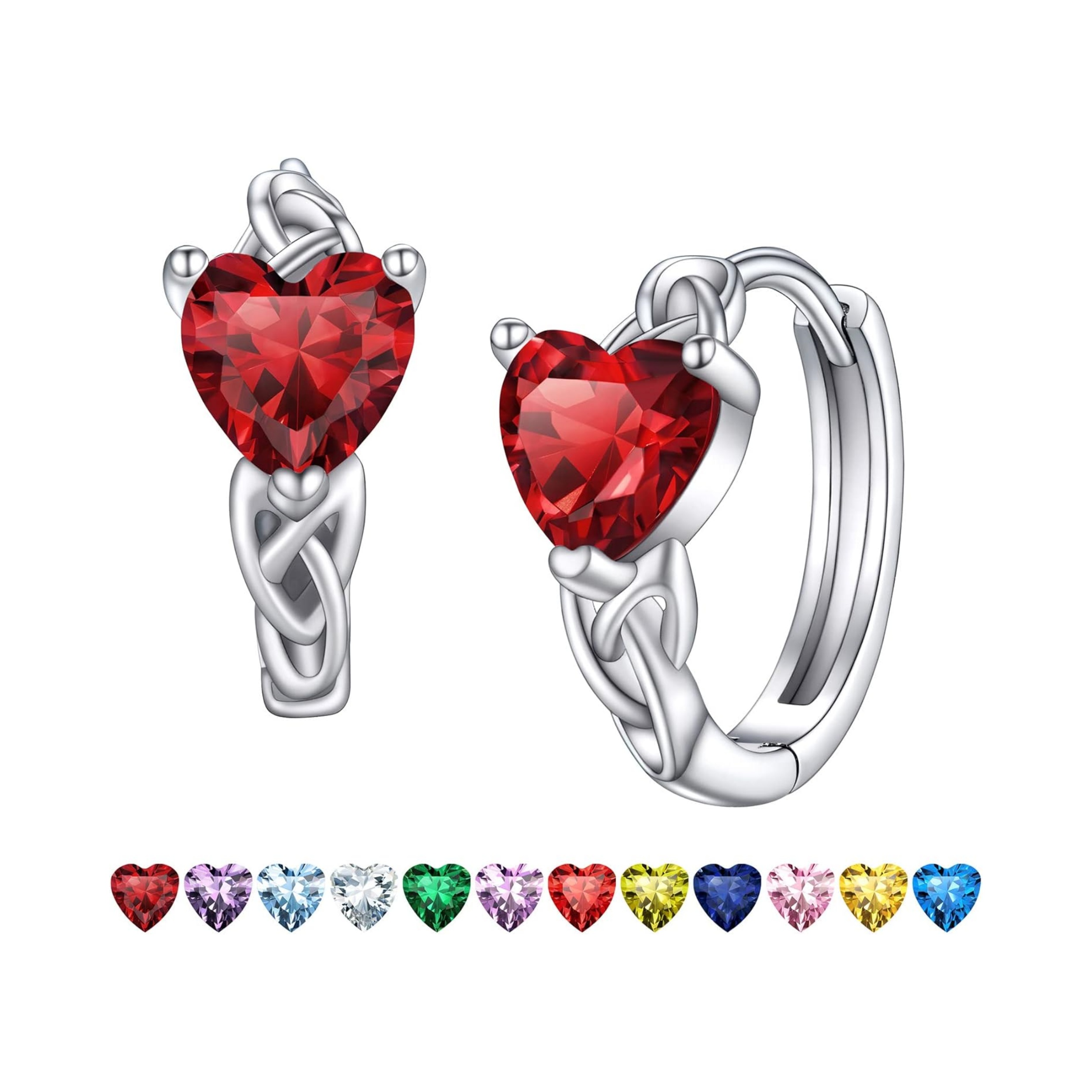 January Red Garnet Heart Celtic Knot Birthstone Hoop Earrings