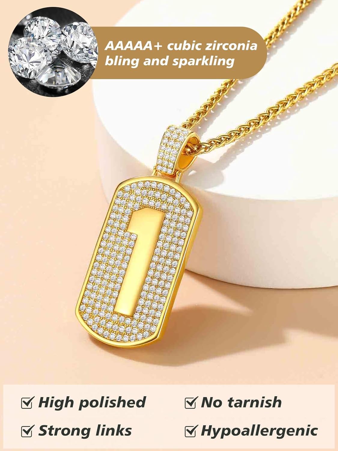 Number Pendant Cubic Zirconia Dog Tag Necklace